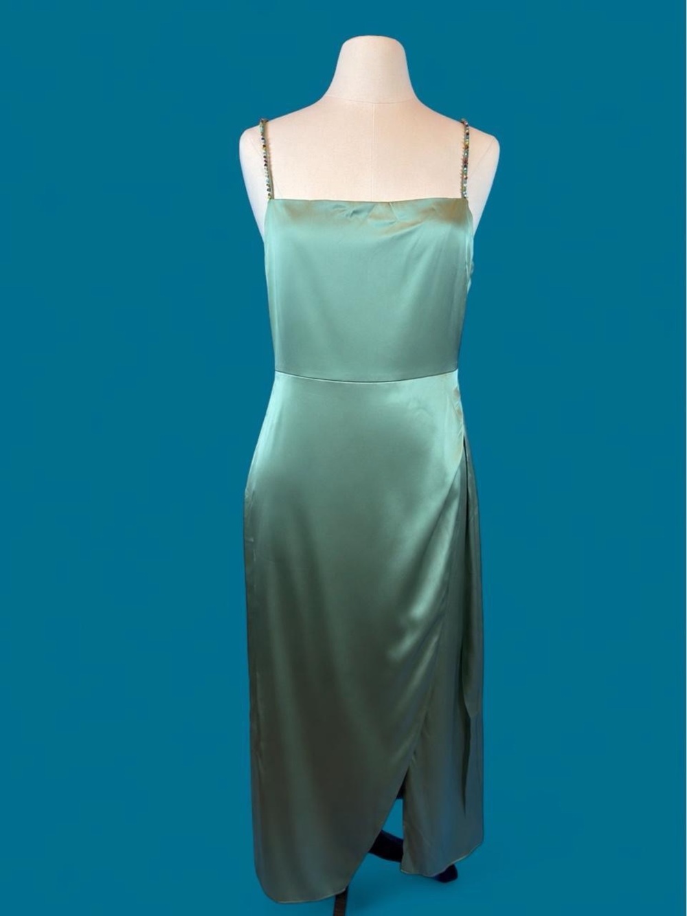 NWT Zara Green Satin Beaded Strap Midi Dress XL